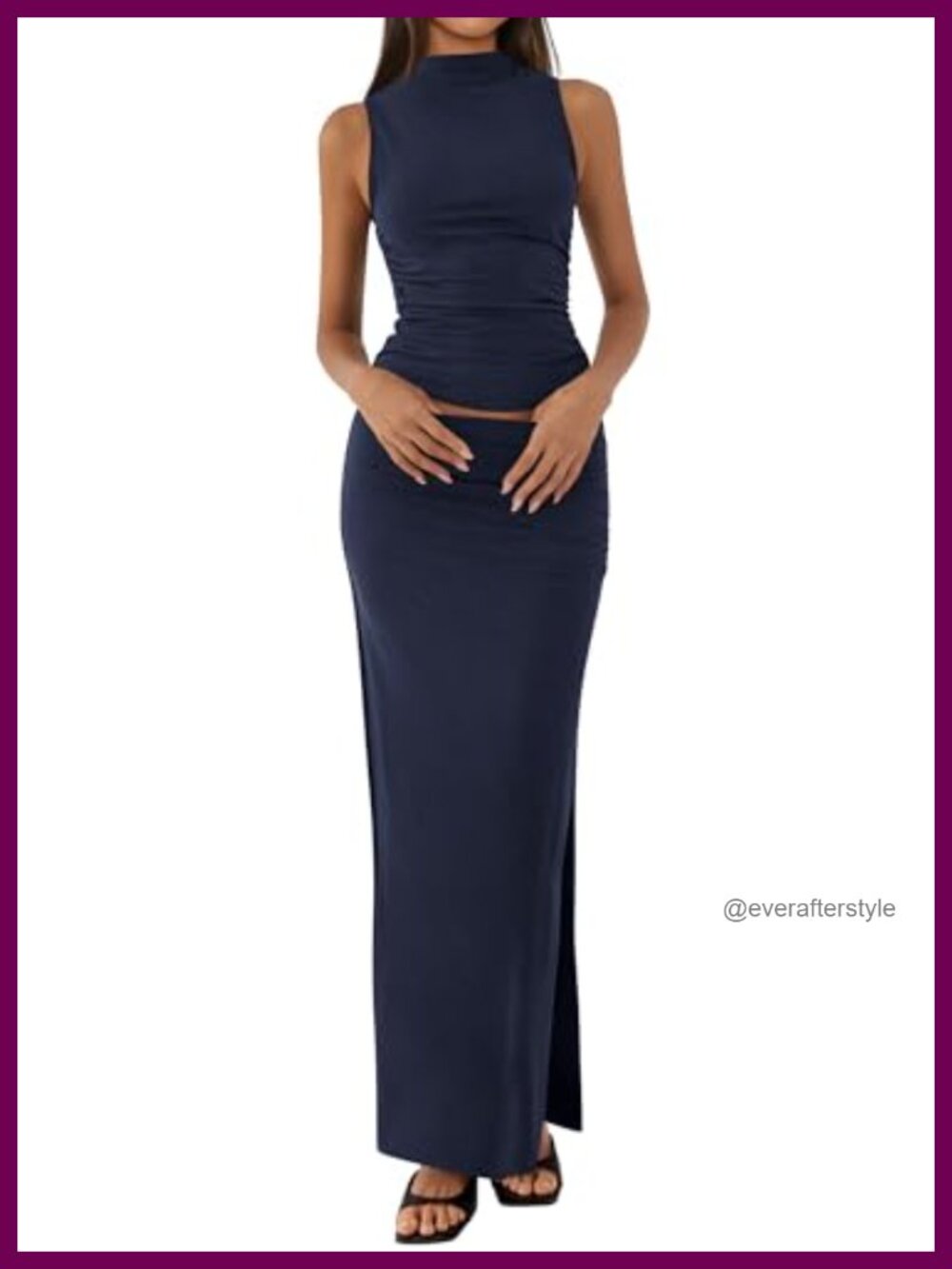 Sleeveless Mock Neck Top & Slit Maxi Skirt Set Slim Fit